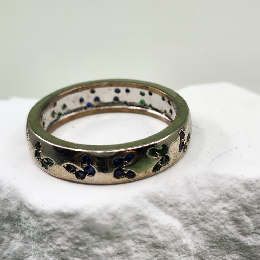 Blue Green Butterfly Rhinestone Silver Tone Wide Band Ring Nature Statement